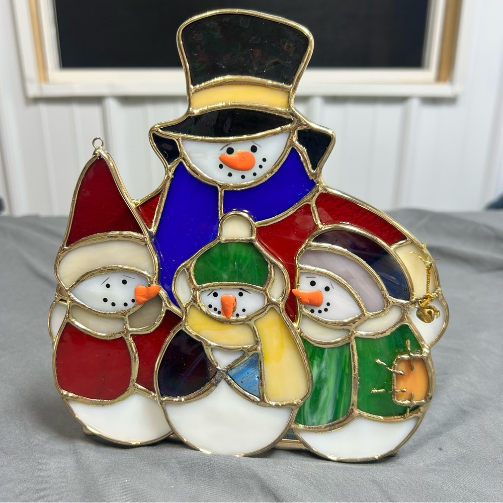 Stained Glass Snowman Family Suncatcher - Red, Blue, Green, Yellow